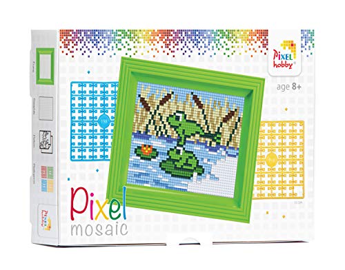 Pixel P31264 Mosaik Geschenkverpackung Frösche, Pixelbild mit Rahmen, kinderleichtes Stecksystem, ohne Bügeln und Kleben, Steinchen aus Biokunststoff