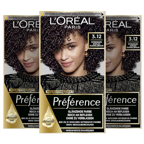 L'Oréal Paris Permanente Haarfarbe, Haarfärbeset mit Coloration und Farbglanz-Pflegebalsam, Préférence, 3.12 Intensives Kühles Dunkelbraun (Toronto), 3er Set