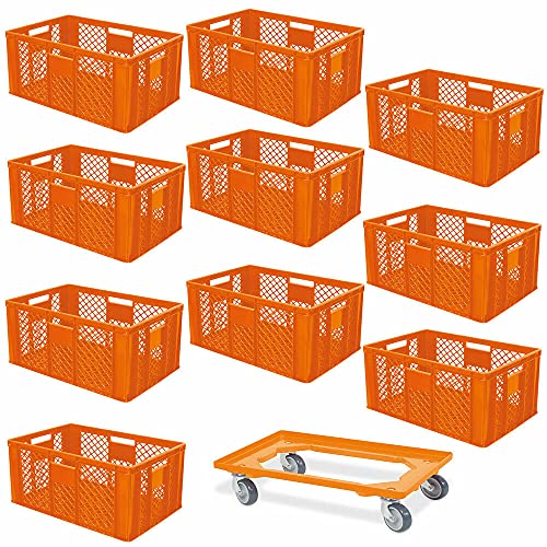 10er SPAR-Set Euro-Stapelbehälter PLUS GRATIS Transportroller, 600x400x320 mm Industriequalität lebensmittelecht orange