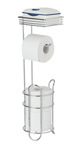 WENKO Toilettenpapierhalter stehend mit Ablage & Ersatzrollenhalter - verchromtes Metall, 59x16x59cm