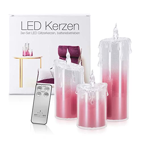 LED Universum - LED Glitzer Kerzen 3er Set "Liza" Acryl für 3 AAA Batterien Deko Candle mit Glitzereffekt kaltweiß und warmweißem Flackereffekt, inkl. IR-Fernbedienung (3er Set Pink)
