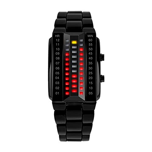 FeiWen Unisex Mode Binär Schwarz Edelstahl Digitales Uhren Gelb und Rot LED Licht Einzigartig Platz Wählen Lässig Armbanduhren (Damen)
