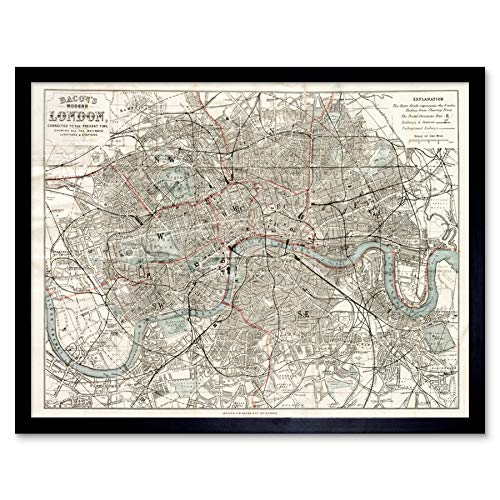 Map Bacon 1883 London City England Plan Chart Art Print Framed Poster Wall Decor 12x16 inch Karte Stadt Wand Deko