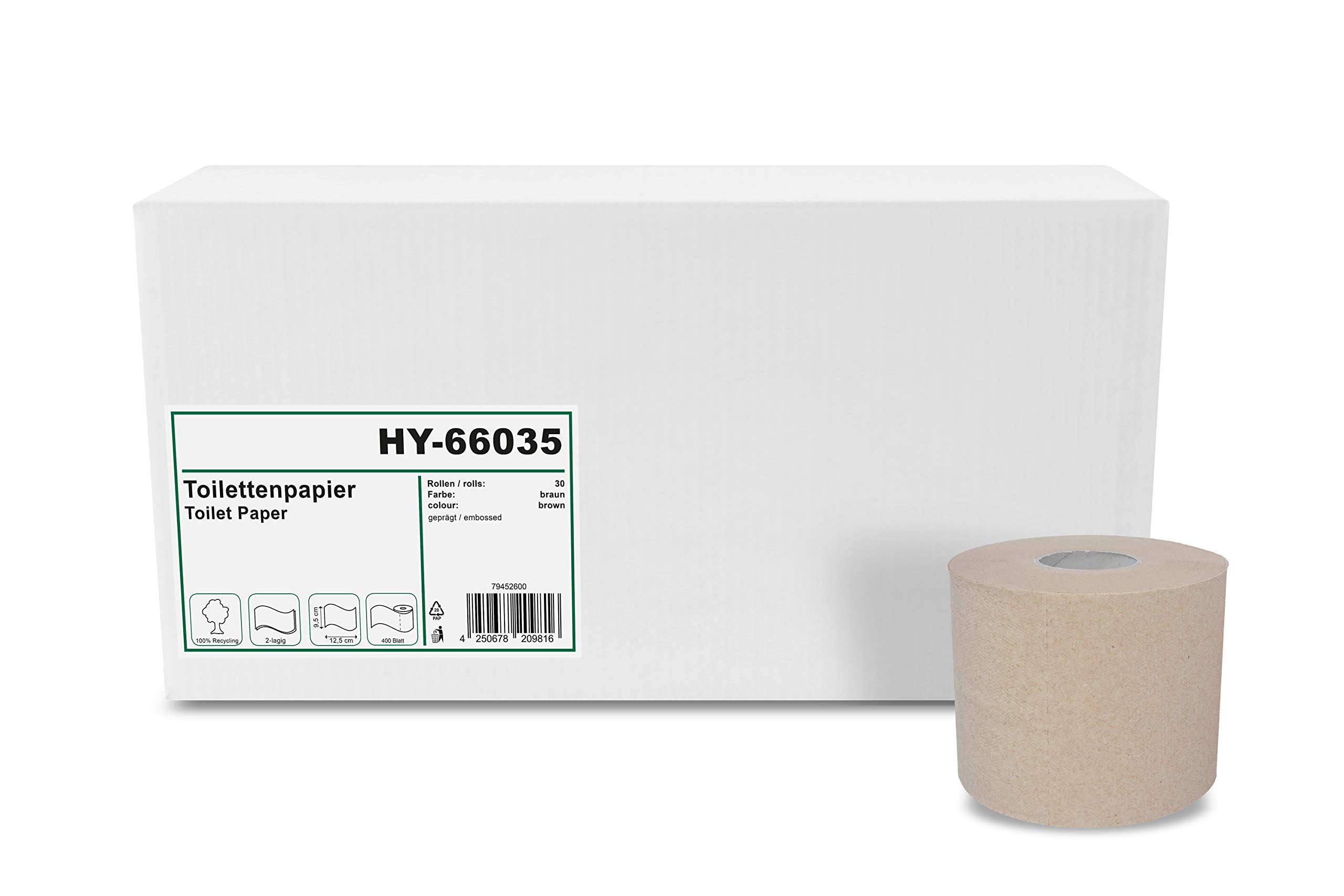 Hypafol Toilettenpapier umweltfreundlich, 2-lagig, ohne Plastikverpackung | Vorratspack mit 30 Rollen, à 400 Blatt | 100% recycling | extra langes Blatt 9,5 cm x 12,5 cm