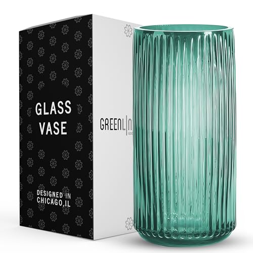 Greenline Goods Gerippte Blumenvase mit abgerundetem Boden - Grüne mundgeblasene Glasvasen für Blumen, geriffeltes & geripptes Design - Elegante gerippte Vase für Blumen, Premium Grüne Glasvase zur