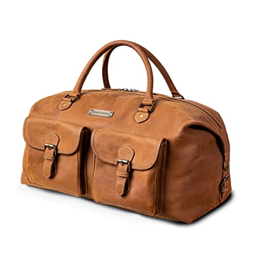 DRAKENSBERG Reisetasche 'Ray' - Leder Weekender mit 2 Außentaschen, Damen, Herren im Vintage-Design, 40L - Cognac-Braun, DR00324