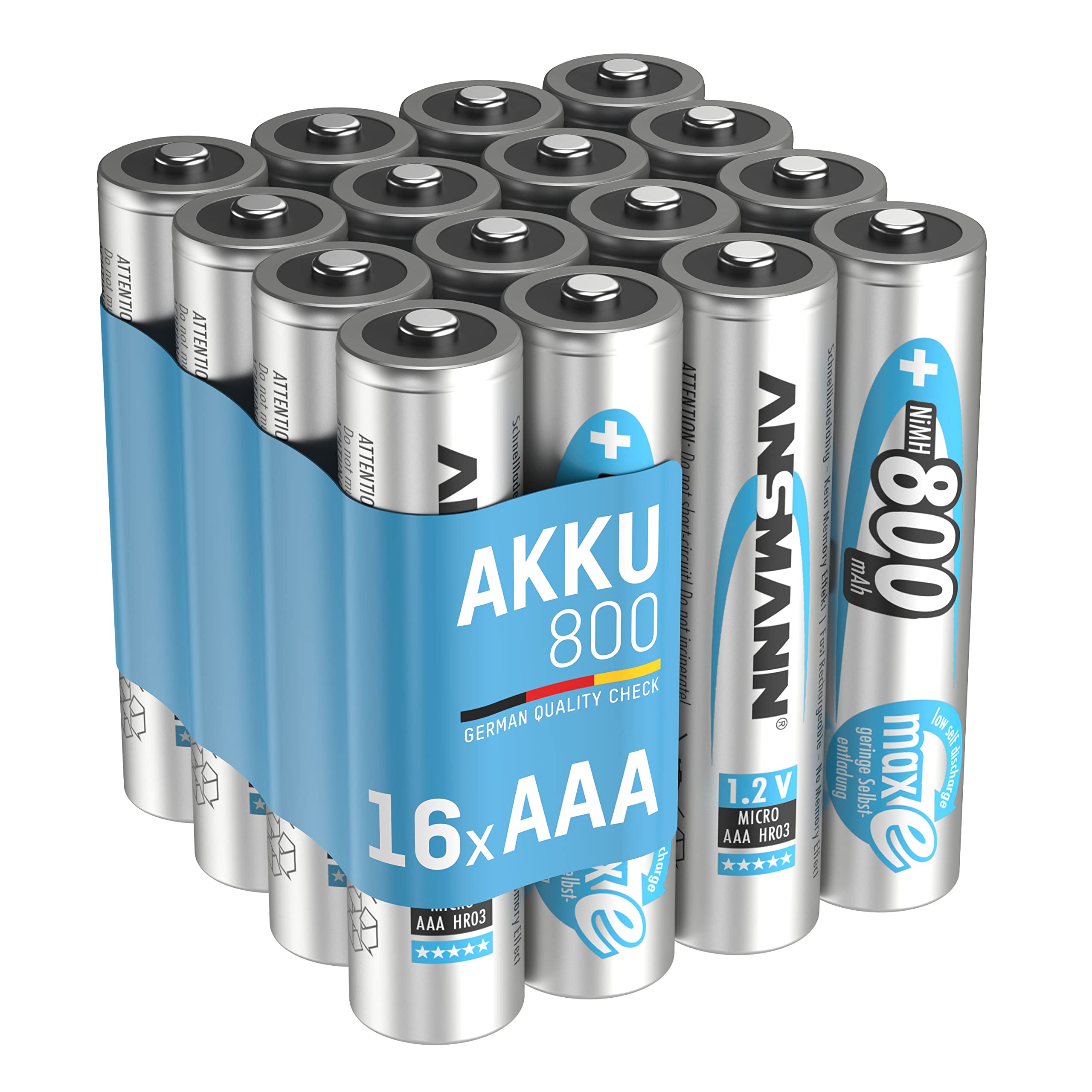 ANSMANN Akku AAA Micro 800mAh 1,2V NiMH 16 Stück für Geräte mit hohem Stromverbrauch - Wiederaufladbare Batterien maxE - Akkus für Spielzeug Taschenlampe Stirnlampe uvm - Rechargeable Batteries