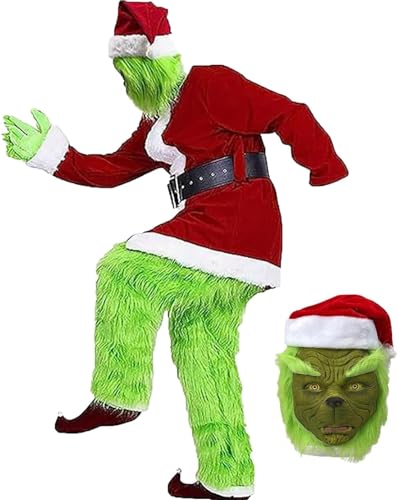 Weihnachts-Outfit-Partyanzug, Weihnachtsmann-Anzug, weihnachtsgrünes großes Monster-Kostüm, 7-teiliges Weihnachtsmann-Kostüm for Herren mit Maske, Weihnachtsmütze und Handschuhen, Weihnachtsmann-Outfi