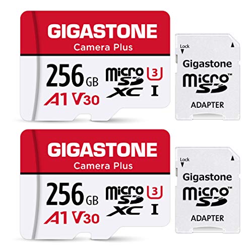 Gigastone Kamera Plus 256GB MicroSDXC Speicherkarte 2er-Pack + SD Adapter, für Action-Kamera und Drohne, Lesegeschwindigkeit bis zu 100MB/s, Full HD-Videoaufnahme, A1 U3 Klasse 10 Micro SD Karte UHS-I