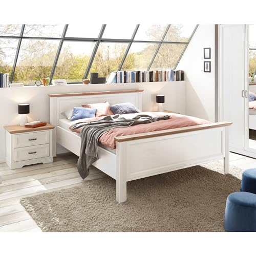 Lomadox Schlafzimmermöbel Set 3-teilig mit Bett 160x200cm, 2X Nachttisch in Pinie weiß mit Eiche Landhaus
