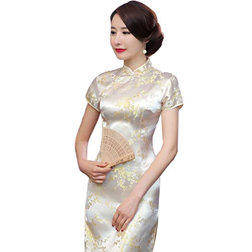 Kalaokei Cheongsam-Kleid, traditionelles Pflaumenblüten-Design, für Damen, chinesisches langes Cheongsam-Abendkleid, hellgelb, M