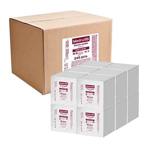 Medrull Mulltupfer - Steril - Nicht klebende Wundauflagen - Extra saugfähig - 8-lagig- 5cm x 5cm - Verpackt 5 Stück - 20 Papierbeuteln/box x 12 boxes