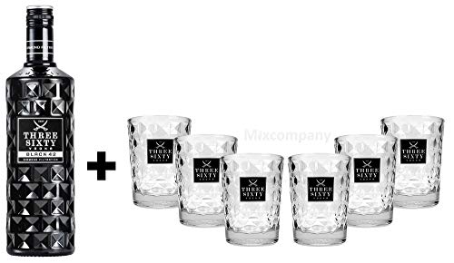 Three Sixty Set Geschenkset ? Three Sixty Black Vodka Wodka 0,7L 700ml (42% Vol) + 6x Tumbler 0,2l 200ml Facettenschliff Glas- [Enthält Sulfite]