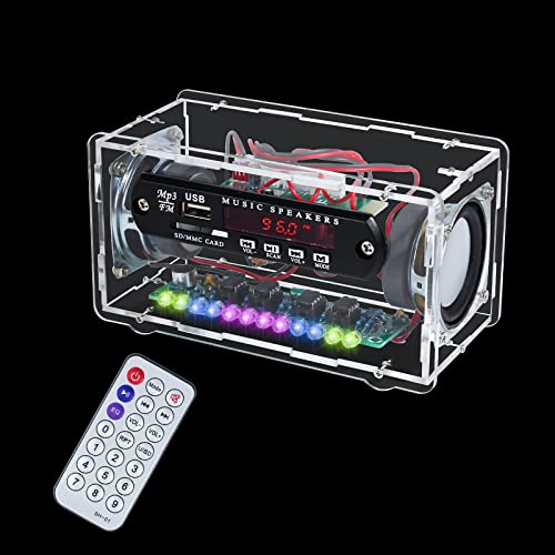 Elektronik Löten Bausatz Radio FM Bluetooth-Lautsprecherkit, 3W+3W Musikspieler mit LED Klangregelung Anzeigeleuchte, Fernbedienung und Schutzhülle