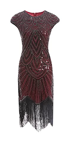 MIMIKRY 20er Jahre Charleston Pailletten Kleid Rot/Schwarz mit Fransen Flapper Damen-Kostüm, Größe:M