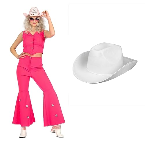 MIMIKRY 3-teiliges Country Western Damen Kostüm Pink mit Cowboyhut Puppe Film Rodeo, Größe:38