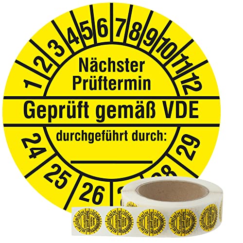Labelident Elektro Prüfplaketten 2024-2029 - Geprüft gemäß VDE / Nächster Prüftermin - Ø 30 mm, 1000 widerstandsfähige Mehrjahresprüfplaketten auf Rolle, Polyethylen, gelb, selbstklebend