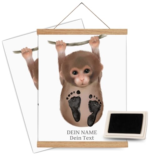 SMALL PAW Fußabdruck Baby Set - Baby Abdruckset für Babys - Baby Fussabruck Tiere Set inkl. Posterschiene aus Eiche und Stempelkissen - Baby Erinnerung (A3 (6 Monate bis 4 Jahre), Mola Monkey)