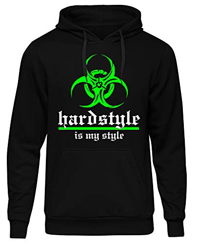 Hardstyle is My Style Männer und Herren Kapuzenpullover | Hardcore Musik Minimal Geschenk | M3 (Schwarz-Druck Neongrün, M)