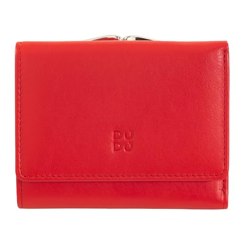 DuDu Kleine Damen-Brieftasche aus Leder mit RFID-Schutz, Münzfach und Klickverschluss, kompakt, 6 Kartenfächer Flammenrot
