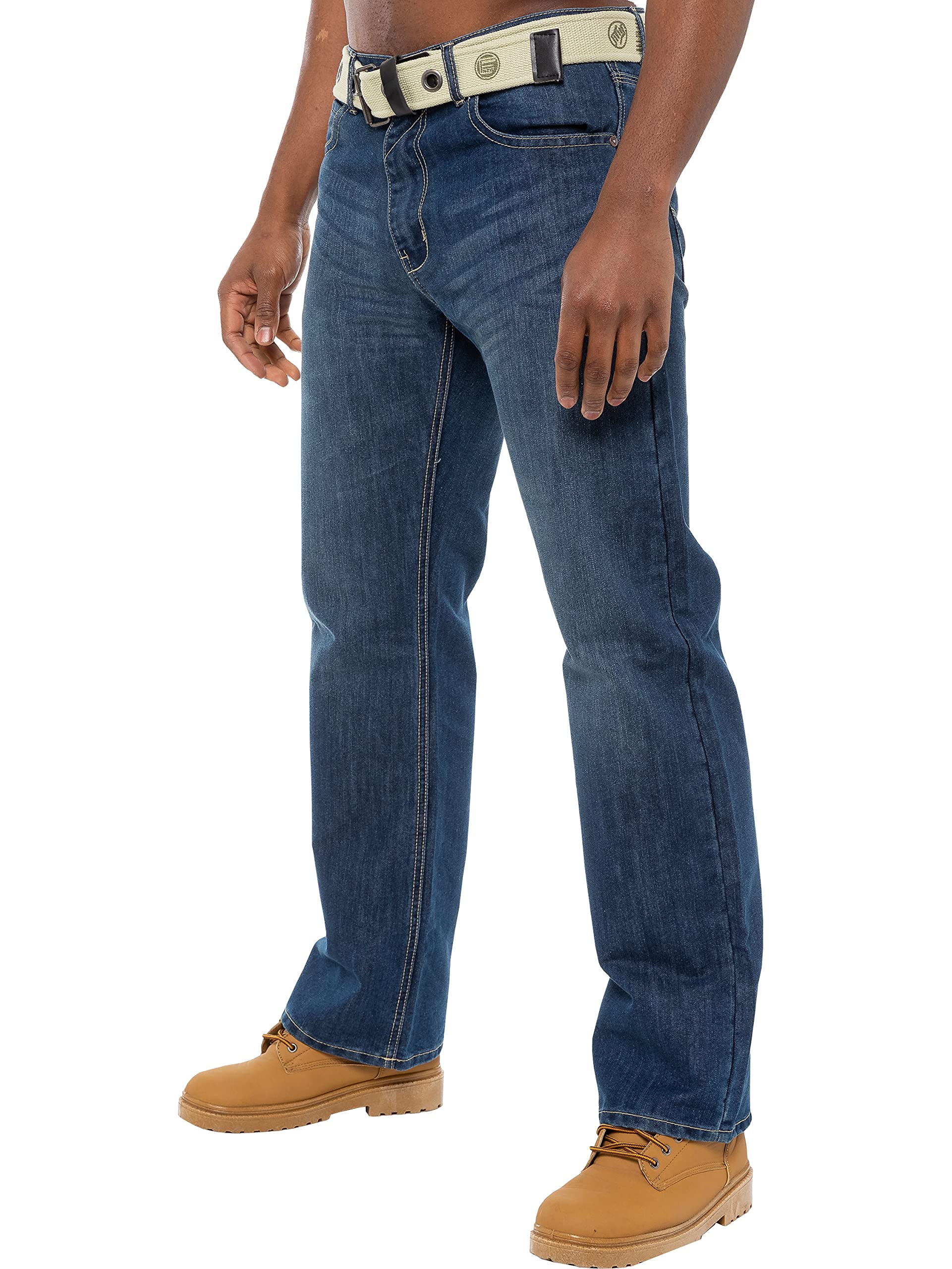 Enzo Herren-Jeans mit geradem Bein, normale Passform, Denim-Hose, Reißverschluss, fliegenfreier Gürtel, Stone-Wash, 30 W/32 L