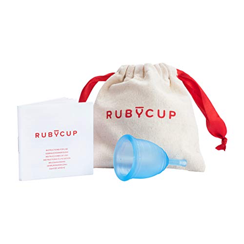 Ruby Cup Hypoallergene Menstruationstasse, Größe M (groß, starke Periode), Blau, ideal für Anfänger, praktische und zuverlässige Alternative zu Tampons/Einlagen