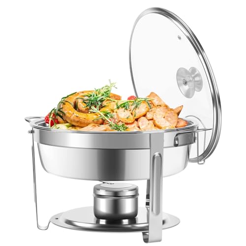 RSBFER Chafing Dish-Buffet-Set aus Edelstahl, runde Chafer-Wärmer mit Glasdeckel für Catering, Partys und Hochzeiten,Silber,1Pack