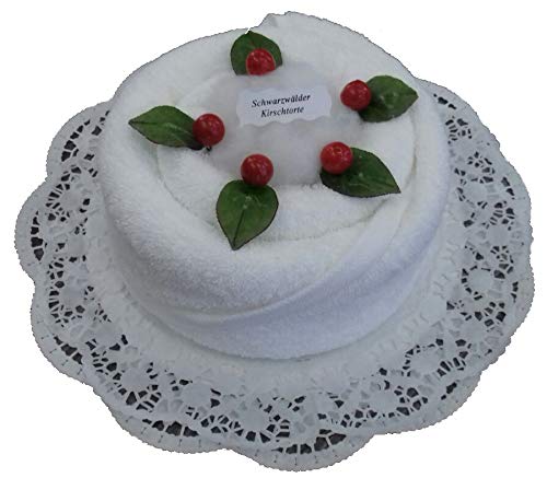 Frotteebox Geschenk Set Schwarzwälder Kirsch Torte in Handarbeit geformt aus 1x Duschtuch (130x70cm) weiß mit Deko-Kirschen und Tortenspitze
