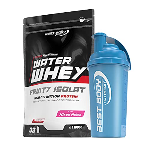 1 kg Best Body Nutrition Water Whey Fruity Isolate Molkenprotein + Protein Shaker (Mixed Melon (Shaker blau))
