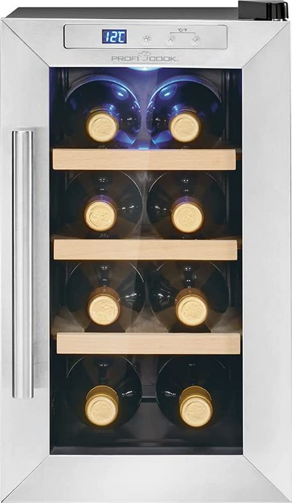 ProfiCook® Weinkühlschrank für 8 Flaschen, Getränkekühlschrank mit UV-beständiger Glastür, Weinkühler mit LED-Beleuchtung u. 4 Lagerebenen davon 3 herausnehmbar, Bereich: 11-18°C, 23L - PC-WK 1233