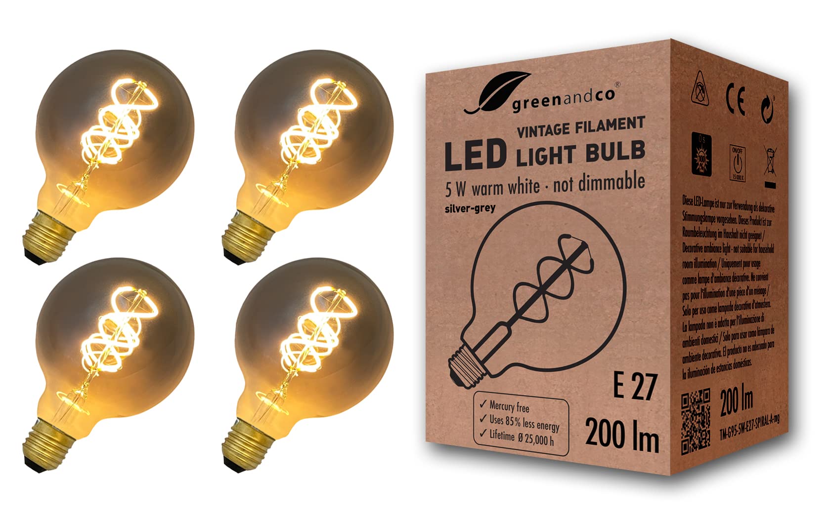 4x greenandco® Vintage Glühfaden LED Lampe silbergrau E27 G95 5W 200lm 1800K extra warmweiß 360° 230V nicht dimmbar 2 Jahre Garantie