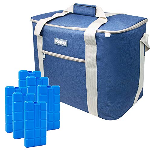 ToCi 36 Liter Kühltasche Isoliertasche Navy-Blau Thermotasche Picknicktasche Kühlbox mit 6er-Set 200ml Kühlakkus Kühlelemente