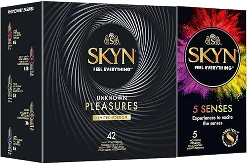 SKYN Unknown Pleasure Kondome (42 Stück) & 5 Senses Kondome (5 Stück) | Latexfrei, 6 x Noppen, 18 x Daiquiri, 6 x Wärmendem Gel, 6 x Kühlendem Mentholgel, 6 x Stimulierend, verwendbar mit unsere Lubes