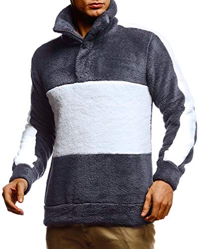 Leif Nelson Herren Sweatshirt Teddy Fleece Pullover mit Stehkragen Langarmshirt für Männer Pulli mit Reißverschluss LN20120 Größe S Anthrazit-Ecru