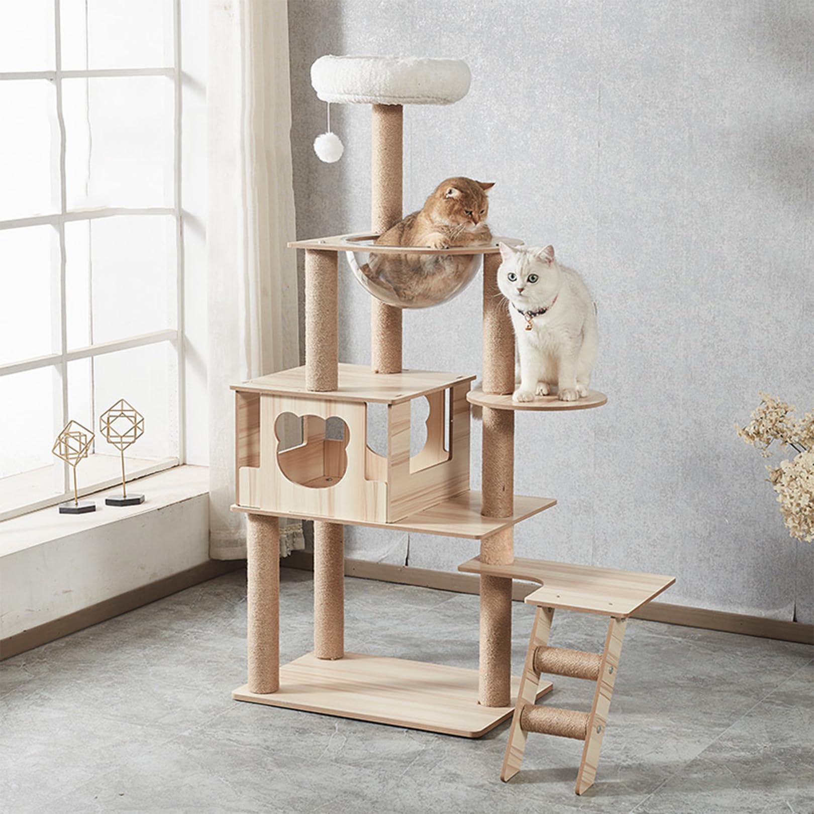 Kratzbaum, 55" moderner Katzenturm mit Katzenwohnung, Katzenklo-Gehäusemöbel aus Holz mit großer transparenter Raumkapsel-Sitzstange für große/fette Katzen