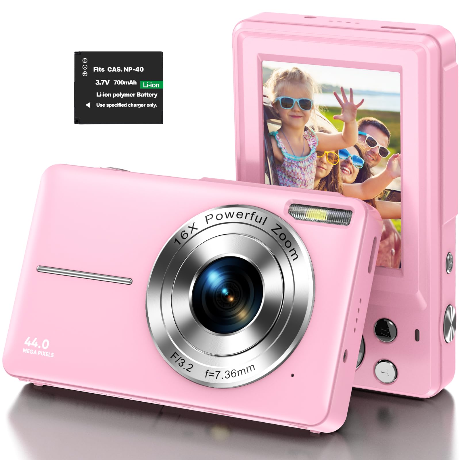 Digitalkamera 1080P Kinderkamera HD 44MP Fotokamera Kompaktkamera Fotoapparat Digitalkamera mit 2,4" LCD Bildschirm und 16X Digitalzoom für Kinder, Studenten, Anfänger-Rosa (1 Batterie ohne Karte)