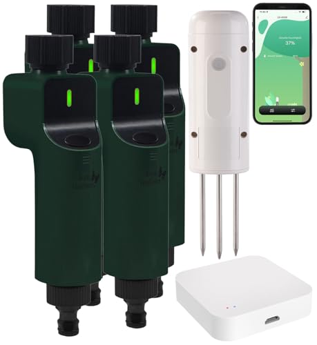 Luminea Home Control BodenFeuchtigkeits&Temperatursensor,ZigbeeGateway,4X Bewässerungscomp.