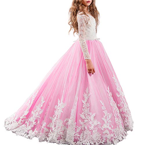 Kleid Kinder Mädchen Spitze Tüll Hochzeit Kleid Blumenmädchen Prinzessin Tutu A-Linie Festlich Festzug Brautjungfer Party Langarm Langes Kleider Vintage Abendkleid Ballkleid 12-13 Jahre