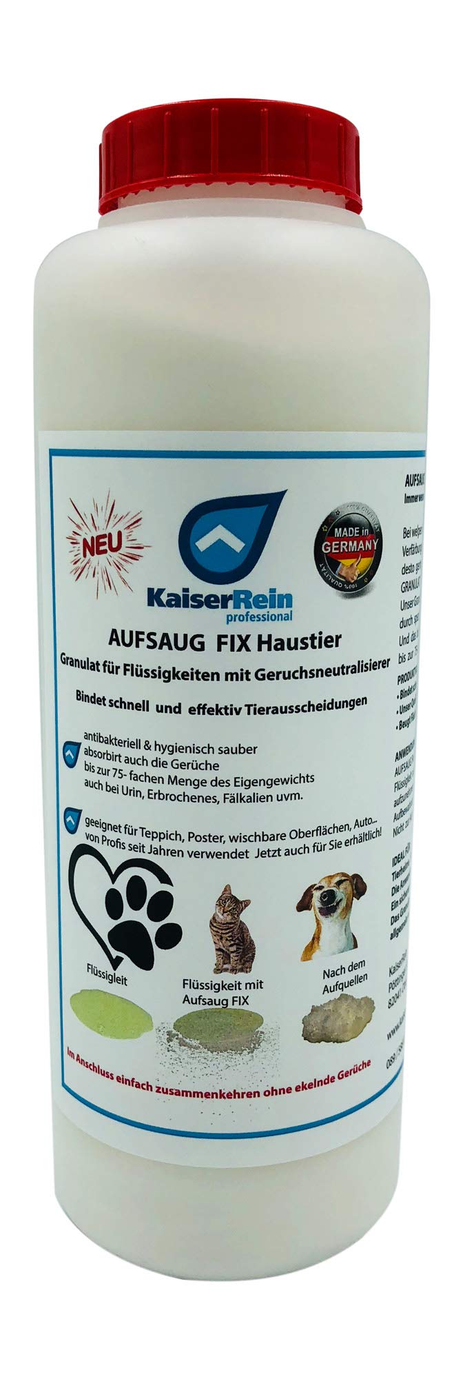 KaiserRein AUFSAUG FIX Granulat Haustier 1 L zum binden von Flüssigkeiten mit Geruchsneutralisierer bei Hundeurin, Katzenurin, Tierurin, Durchfall, KOT, Erbrochenem, Tiergeruch Flüssigkeitabsorber