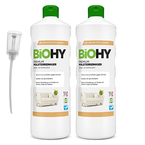 BiOHY Premium Polsterreiniger (2 x 1 liter) + Dosierer | Bio Konzentrat für Polstermöbel, Sofas, Teppiche & Textilien | für Nasssauger & andere Geräte geeignet| geruchslösender Fleckentferner
