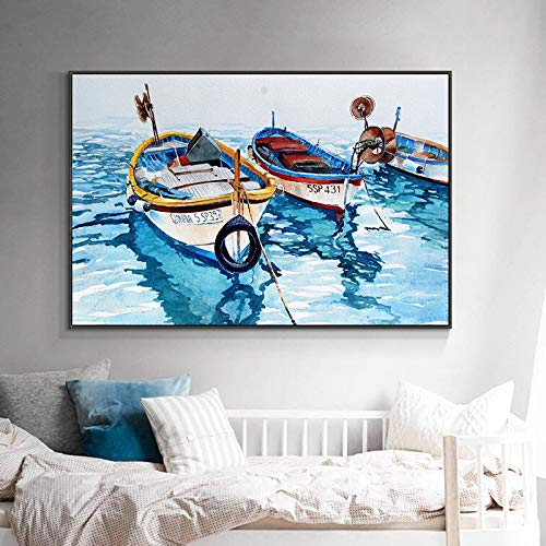 QITEX Kunstdruck Leinwand 30x40cm Kein Rahmen Seascape Wand Bilder - Boot auf dem blauen Meer Bild Leinwand Bild poster & kunstdrucke Nordisches Bild