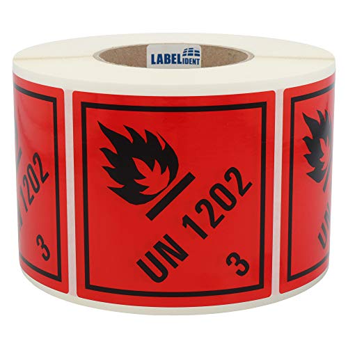 Labelident Gefahrgutaufkleber (100 x 100 mm) - Klasse 3 - Entzündbare flüssige Stoffe, UN 1202-3 - 1000 Gefahrgutetiketten, Polyethylen, rot, selbstklebend