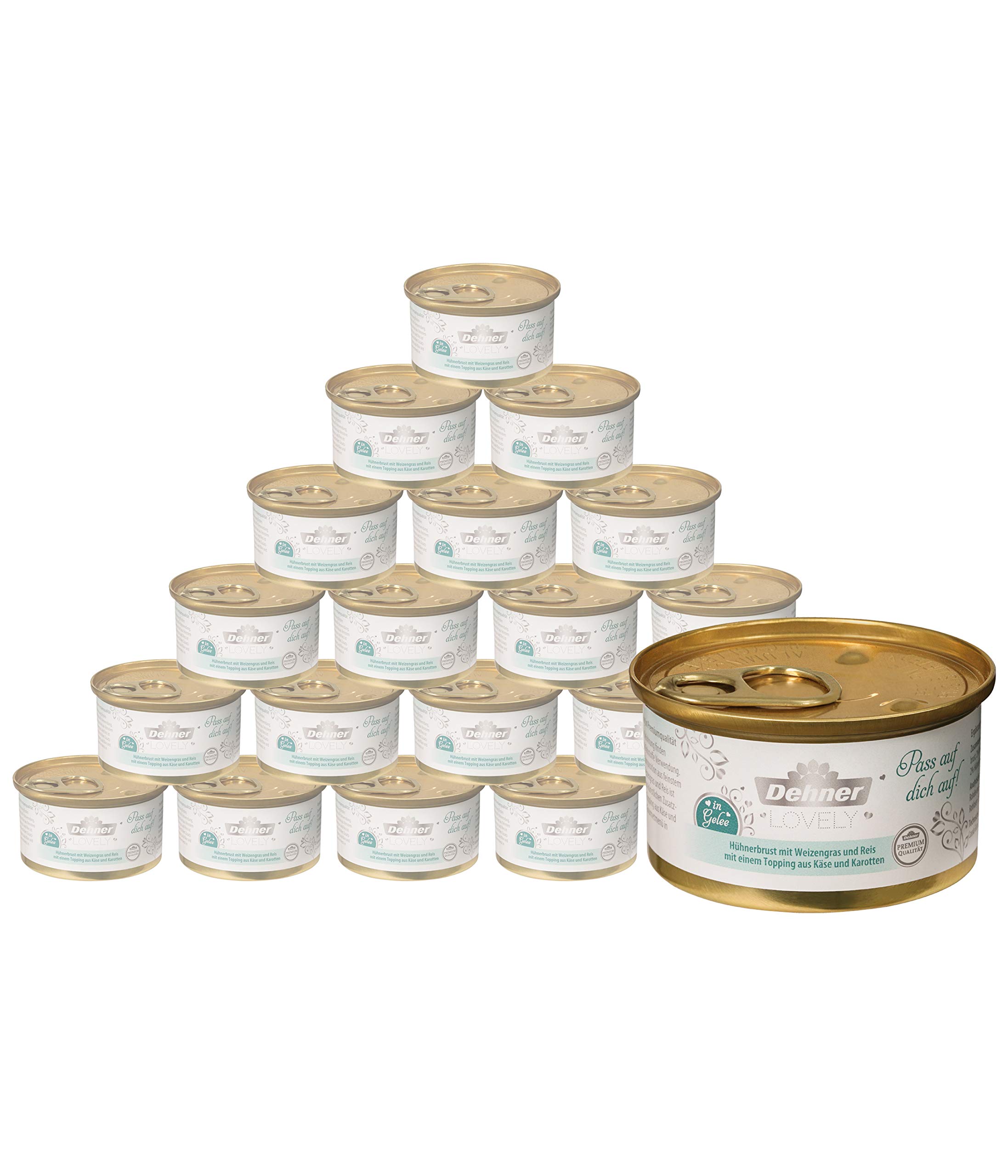 Dehner Premium Lovely Katzenfutter, Nassfutter in Gelee / glutenfrei, für ausgewachsene Katzen, Hühnerbrust / Weizengras / Karotte, 24 x 85 g Dose (2.04 kg)