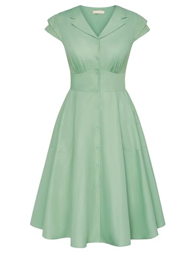 Damen Kleid Knielang Kurzarm Blusenkleid V-Ausschnitt A-Linie Partykleid Freizeitkleid Elegant Grün S