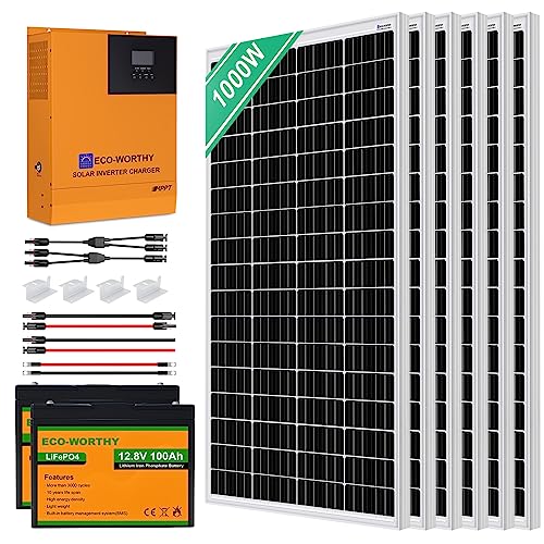 ECO-WORTHY 4 kW·h Solaranlage Komplettset Netzunabhängige,1000W 24V Solarpanel System mit LiFePO4 für Wohnmobil: 6 * 170W Solarpanel + 2 * 100Ah LiFePO4 +3000W 24V Hybrid Inverter