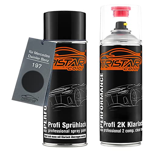 TRISTARcolor Autolack 2K Spraydosen Set für Mercedes/Daimler Benz 197 Obsidianschwarz Metallic Basislack 2 Komponenten Klarlack Sprühdose