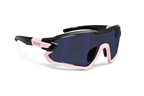BERTONI Fahrradbrille Sport Sonnenbrille Radbrille MTB mit Sehstärke für Brillenträger mod. QUASAR (Schwartz-Rosa/Blau Verspiegelt)