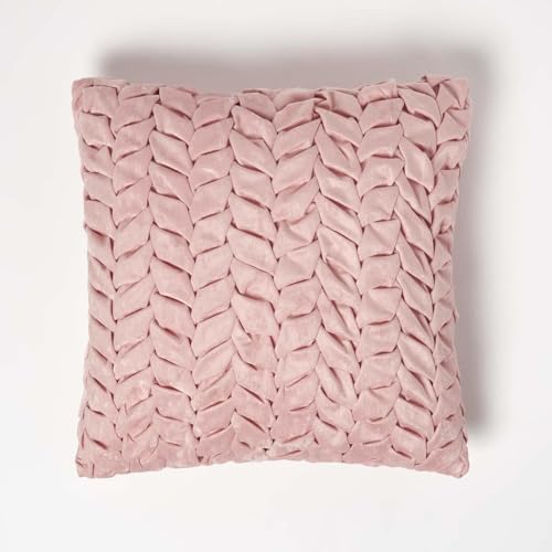 HOMESCAPES Grace Samt-Kissen plissiert Altrosa, Dekokissen 45x45 cm, Flechtoptik Zierkissen rosa mit Füllung
