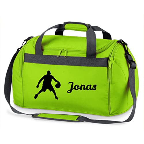 Sporttasche mit Namen Bedruckt für Kinder | Personalisierbar mit Motiv Basketball Spieler | Reisetasche Duffle Bag für Jungen Mädchen Sport (grün)