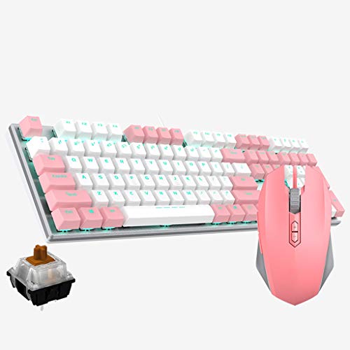 Tastatur-Maus-Set Rosa Tastatur-Maus-Headset Dreiteilige mechanische Tastatur mit 108 Tasten E-Sport Universal Freundinnen (Color : Pink-Black Shaft) (Pink)
